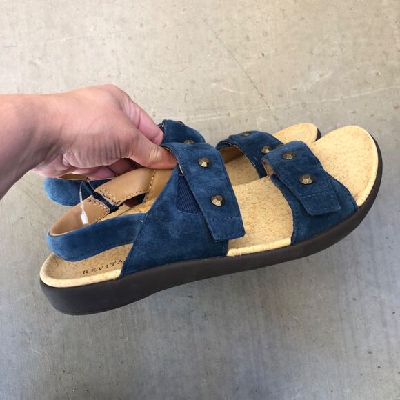 Revitalign Women’s 10 Blue Suede Comfort Sandals Orthotic Cork Footbed Slip-On - Picture 3 of 12